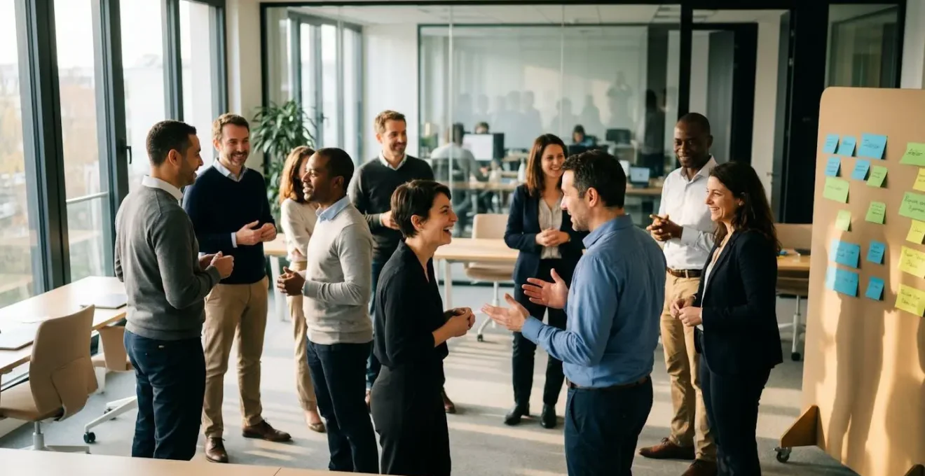 Équipe de professionnels debout en cercle dans salle de réunion moderne lors d'une animation icebreaker, échanges en binômes et sourires naturels, post-its colorés sur paperboard, lumière naturelle