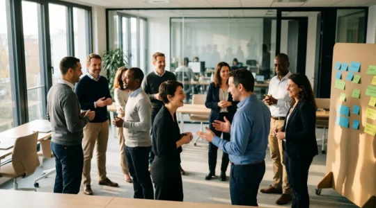 Équipe de professionnels debout en cercle dans salle de réunion moderne lors d'une animation icebreaker, échanges en binômes et sourires naturels, post-its colorés sur paperboard, lumière naturelle