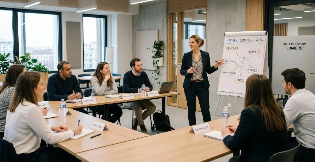 Facilitatrice debout devant paperboard avec notes colorées, équipe de 8 personnes assises en U écoutant attentivement, salle de réunion moderne