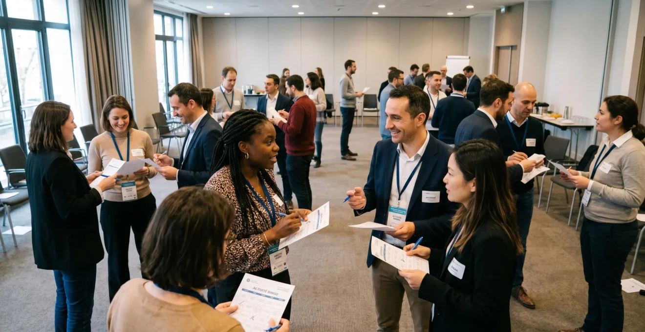 Grand groupe de 25-30 professionnels debout en petits groupes dans salle séminaire, animation Bingo Humain en cours, échanges actifs avec feuilles en main, ambiance conviviale