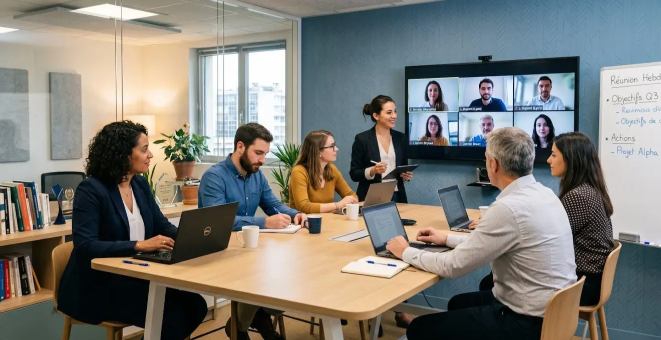 Réunion hybride avec écran affichant participants distanciels, 5 personnes en présentiel et facilitateur debout coordonnant interaction, salle moderne équipée