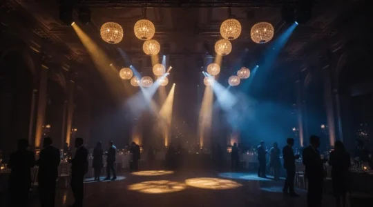 Salle de réception baignée d'une lumière colorée sophistiquée illustrant la création d'ambiances lumineuses événementielles