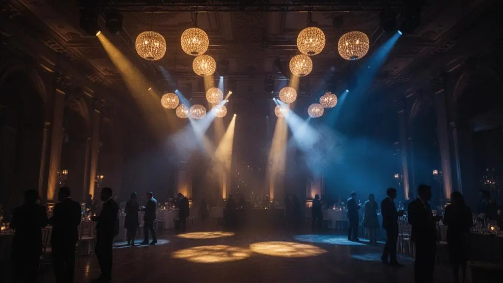 Salle de réception baignée d'une lumière colorée sophistiquée illustrant la création d'ambiances lumineuses événementielles