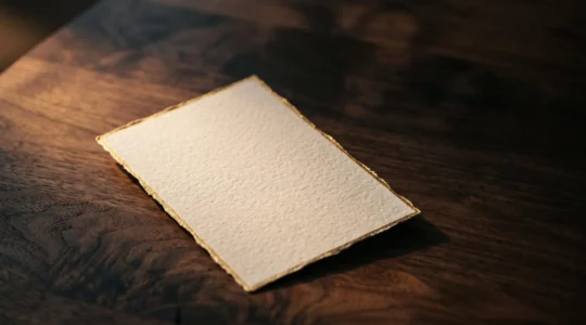 Carton d'invitation posé en lumière douce, évoquant sa transformation en objet d'art conservé à vie