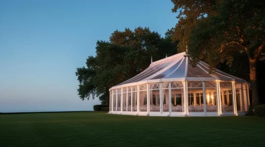 Chapiteau élégant dressé dans un jardin arboré, alliant protection des invités et esthétique raffinée au coucher du soleil