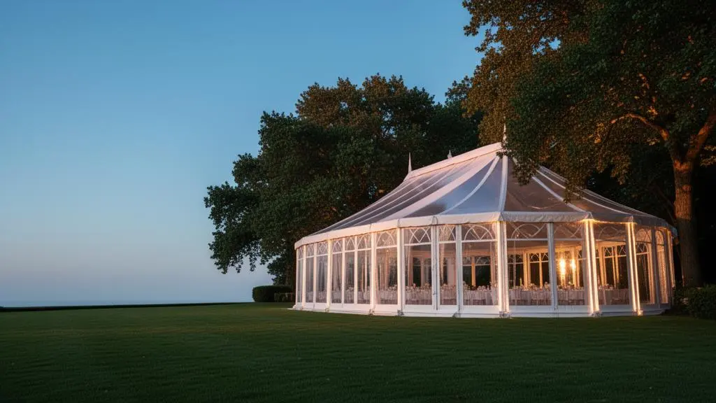 Chapiteau élégant dressé dans un jardin arboré, alliant protection des invités et esthétique raffinée au coucher du soleil