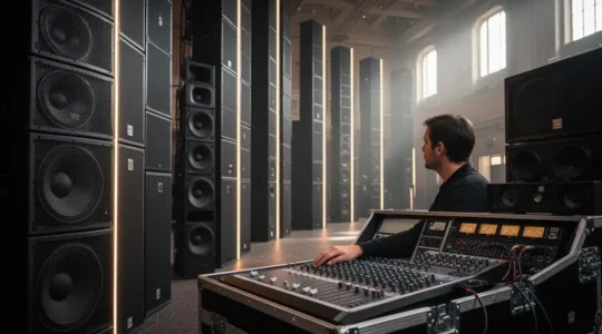 Technicien du son ajustant une console de mixage face à un système d'enceintes professionnelles avant un événement