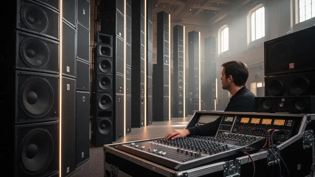 Technicien du son ajustant une console de mixage face à un système d'enceintes professionnelles avant un événement