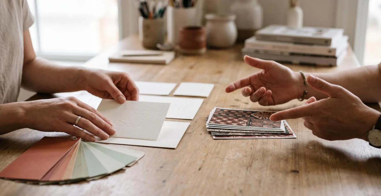 Mains d'un client et d'un graphiste organisant ensemble des éléments visuels abstraits pour un événement, symbolisant une collaboration réussie