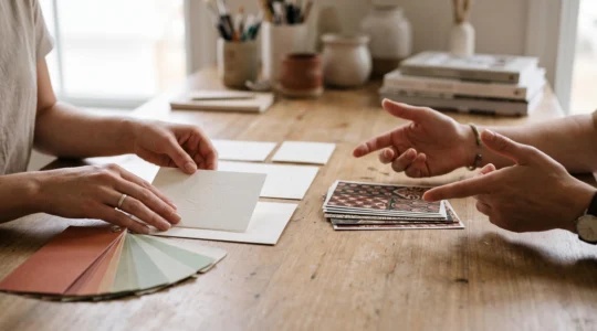 Mains d'un client et d'un graphiste organisant ensemble des éléments visuels abstraits pour un événement, symbolisant une collaboration réussie