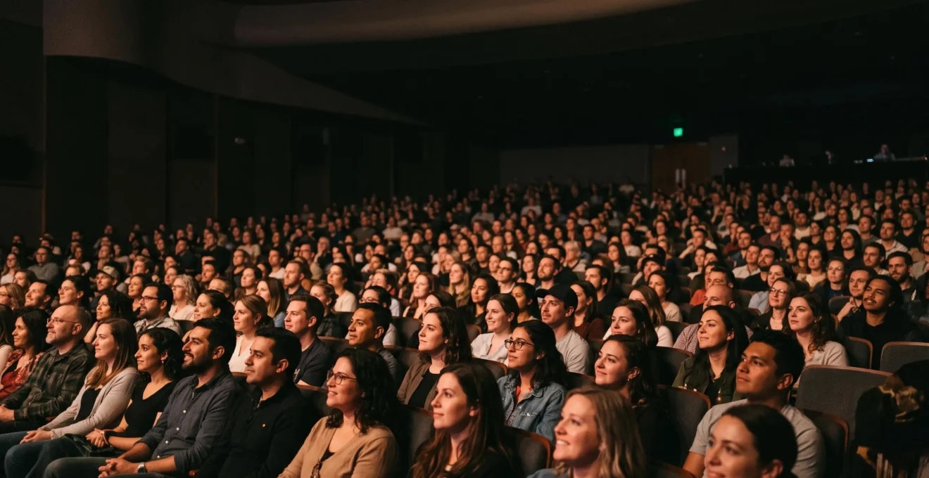 Public captivé assis dans une salle de conférence, visages éclairés par la lumière de la scène, illustrant l'impact durable d'un événement