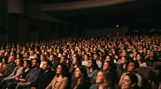 Public captivé assis dans une salle de conférence, visages éclairés par la lumière de la scène, illustrant l'impact durable d'un événement