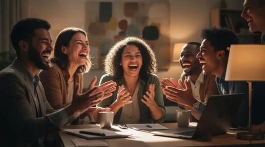 Groupe de participants connectés à distance vivant un moment collectif intense lors d'un événement virtuel, dans une ambiance chaleureuse et dynamique