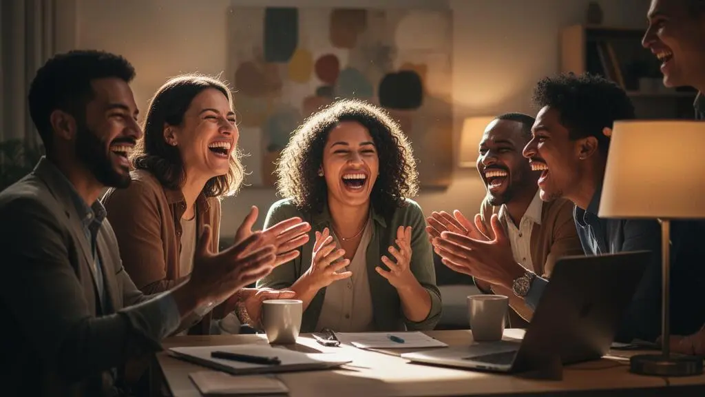 Groupe de participants connectés à distance vivant un moment collectif intense lors d'un événement virtuel, dans une ambiance chaleureuse et dynamique