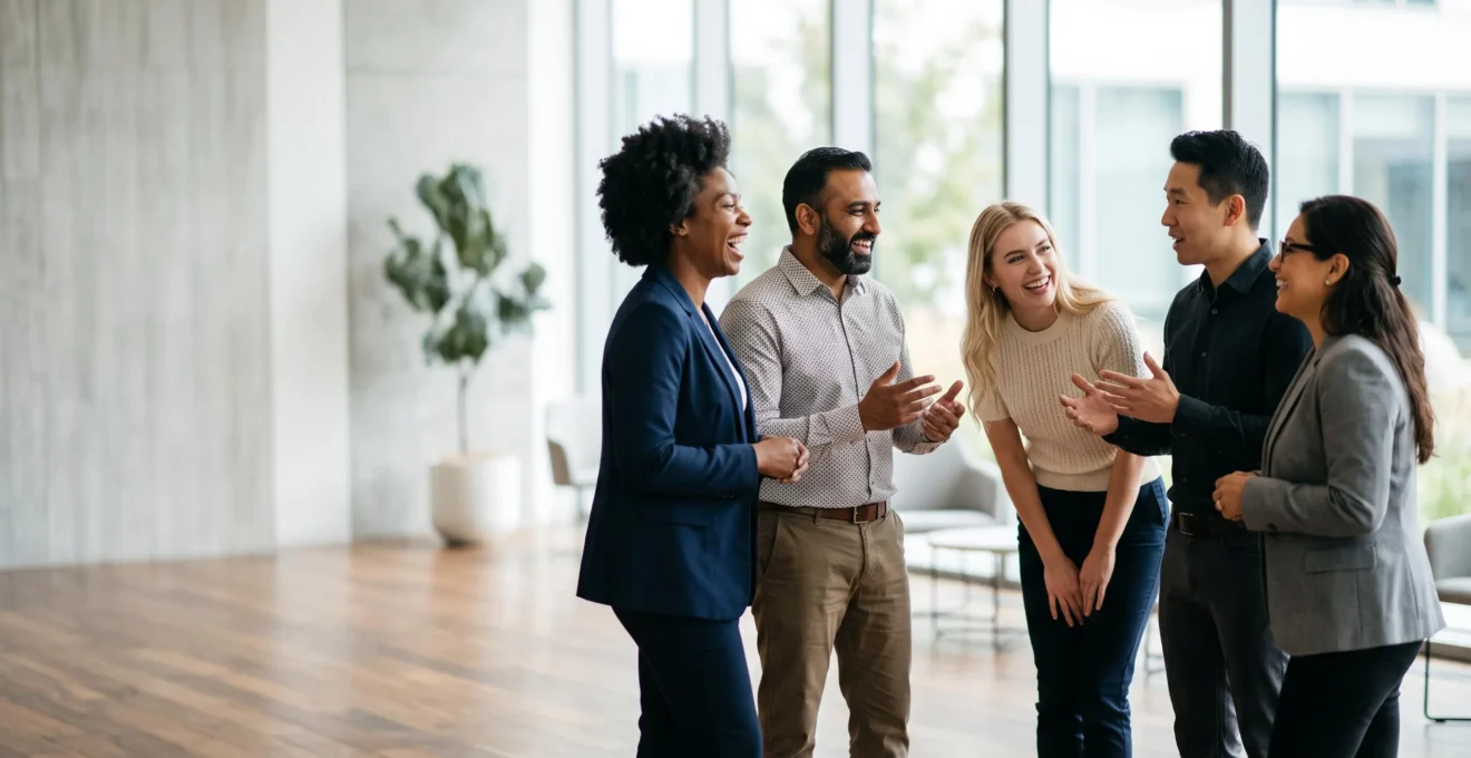 Collaborateurs et partenaires échangeant avec énergie lors d'un événement corporate dans un lieu lumineux et moderne