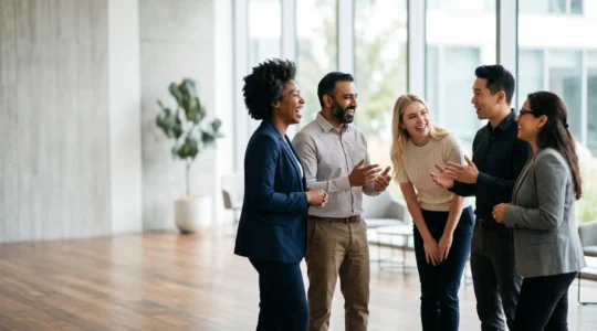 Collaborateurs et partenaires échangeant avec énergie lors d'un événement corporate dans un lieu lumineux et moderne