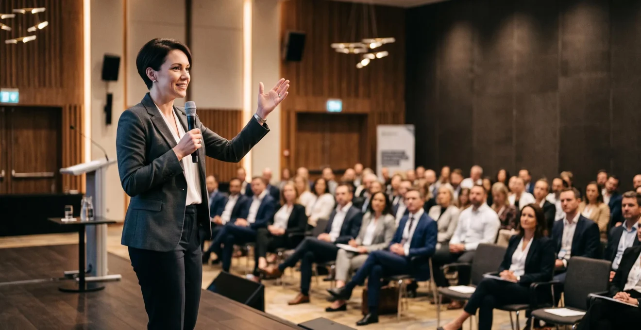 Dirigeant s'adressant avec assurance à une audience de décideurs lors d'un événement professionnel élégant et minimaliste