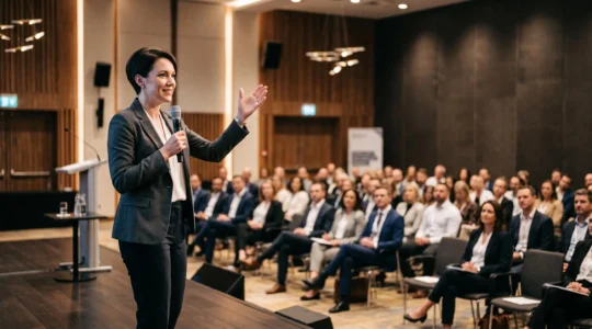 Dirigeant s'adressant avec assurance à une audience de décideurs lors d'un événement professionnel élégant et minimaliste