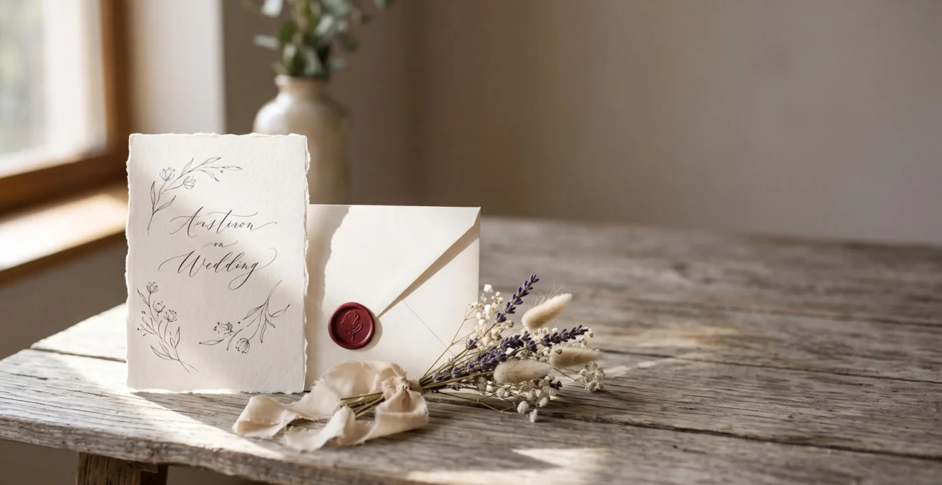 Faire-part de mariage élégant posé sur une table en bois avec fleurs séchées et enveloppe scellée à la cire dans une lumière chaleureuse