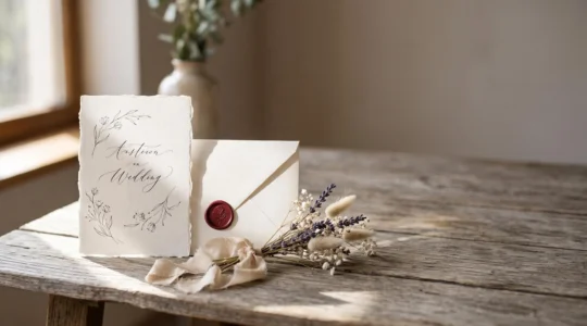 Faire-part de mariage élégant posé sur une table en bois avec fleurs séchées et enveloppe scellée à la cire dans une lumière chaleureuse