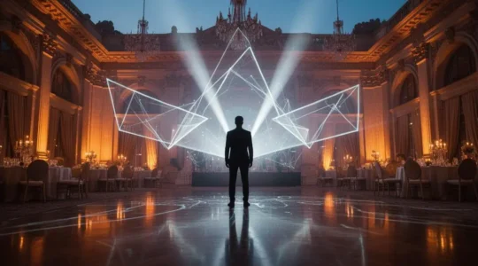 Silhouette d'un organisateur événementiel observant une scène immersive où lumière projetée et technologie se mêlent à l'architecture d'un lieu de réception