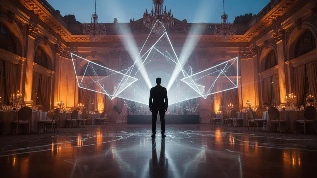 Silhouette d'un organisateur événementiel observant une scène immersive où lumière projetée et technologie se mêlent à l'architecture d'un lieu de réception