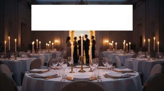 Salle de gala raffinée baignée d'une lumière dorée intime, tables dressées avec élégance et silhouettes d'invités en arrière-plan