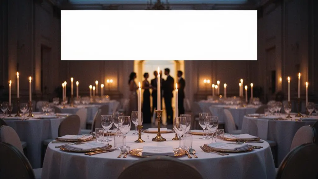 Salle de gala raffinée baignée d'une lumière dorée intime, tables dressées avec élégance et silhouettes d'invités en arrière-plan