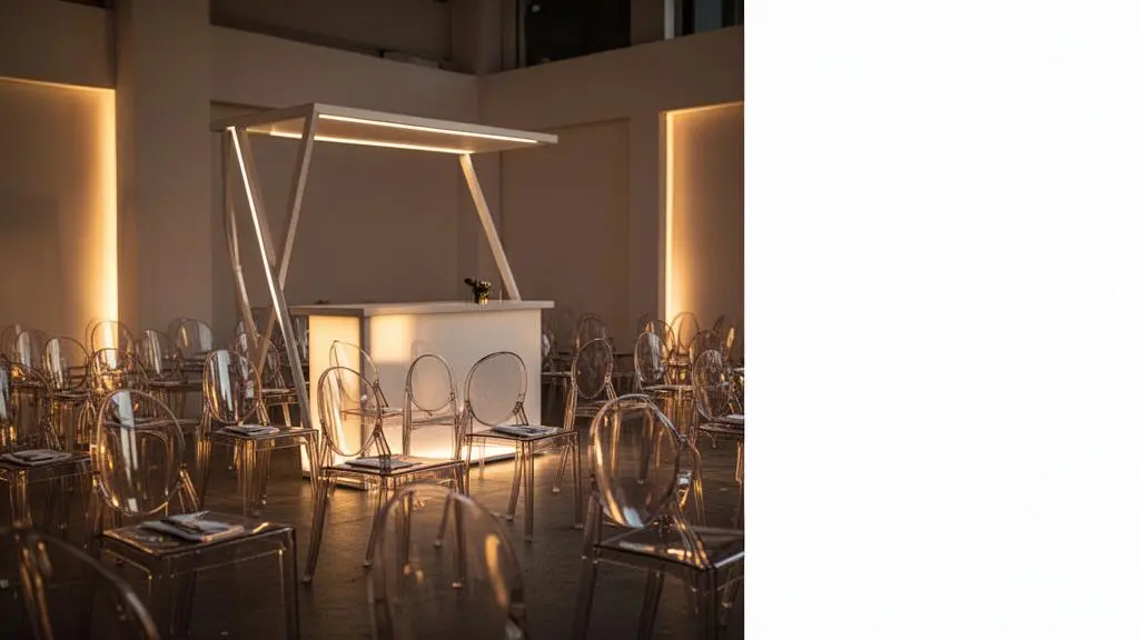 Salle de réception élégante avec mobilier design loué, éclairage chaleureux et espace épuré évoquant une ambiance professionnelle