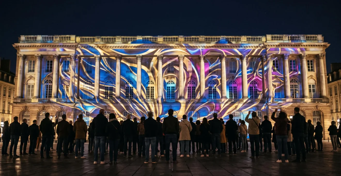 Facade d'un monument historique transformee par une projection de mapping architectural aux couleurs vives durant la nuit