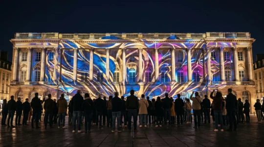 Facade d'un monument historique transformee par une projection de mapping architectural aux couleurs vives durant la nuit