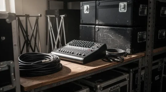 Flight cases et matériel audiovisuel professionnel rangés avec soin dans un espace de stockage organisé, symbolisant l'indépendance vis-à-vis de la location événementielle
