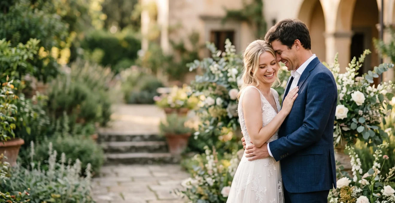 Un couple souriant partage un instant de calme et de complicité avant leur cérémonie de mariage, illustrant une organisation sereine.
