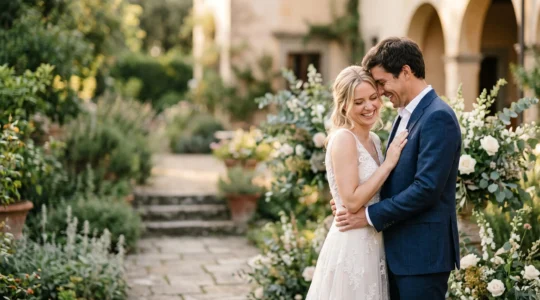 Un couple souriant partage un instant de calme et de complicité avant leur cérémonie de mariage, illustrant une organisation sereine.