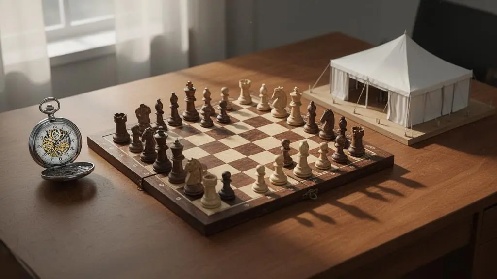 Bureau d'organisateur d'événement avec objets symbolisant la planification minutieuse et l'anticipation des imprévus