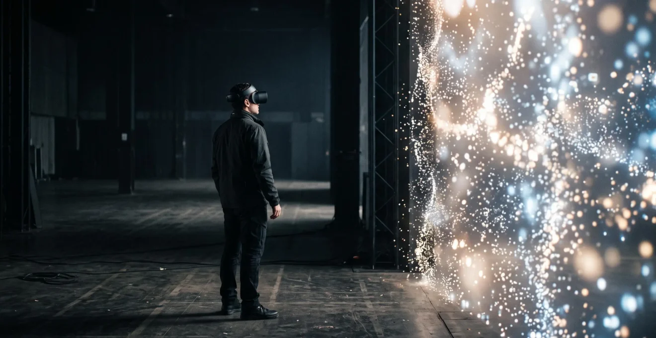 Une personne équipée d'un casque de réalité virtuelle se tient devant un seuil lumineux suggérant le passage vers un autre monde