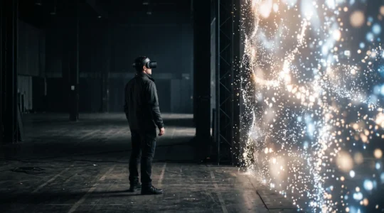 Une personne équipée d'un casque de réalité virtuelle se tient devant un seuil lumineux suggérant le passage vers un autre monde