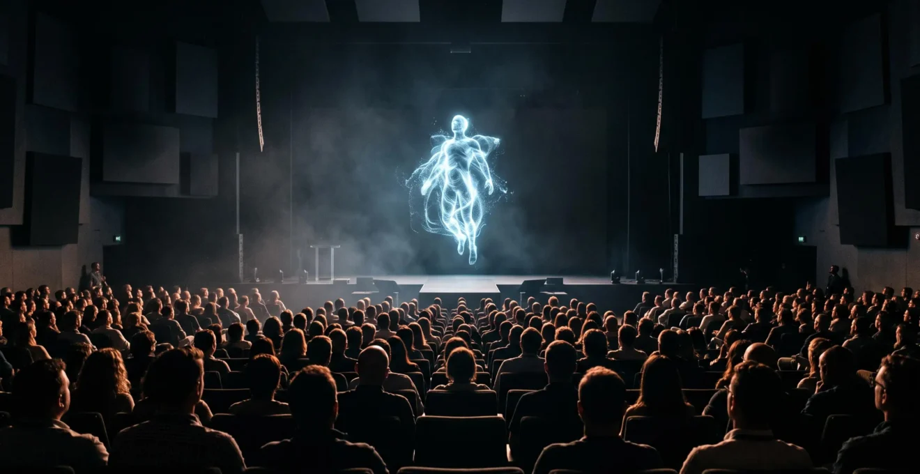 Silhouettes du public dans une salle obscure observant avec emerveillement une silhouette humaine translucide et lumineuse flottant sur scene