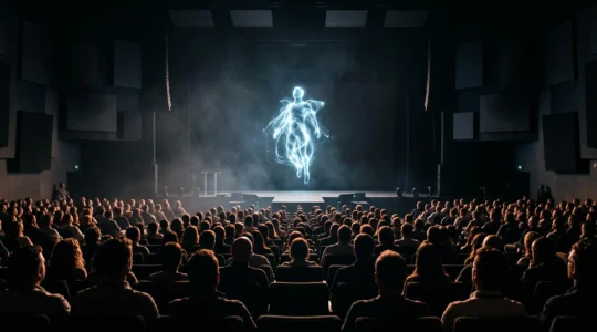 Silhouettes du public dans une salle obscure observant avec emerveillement une silhouette humaine translucide et lumineuse flottant sur scene