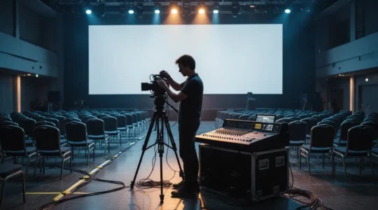 Régie technique audiovisuelle professionnelle installée dans une grande salle de conférence vide avant un événement