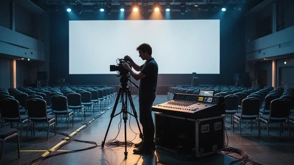 Régie technique audiovisuelle professionnelle installée dans une grande salle de conférence vide avant un événement