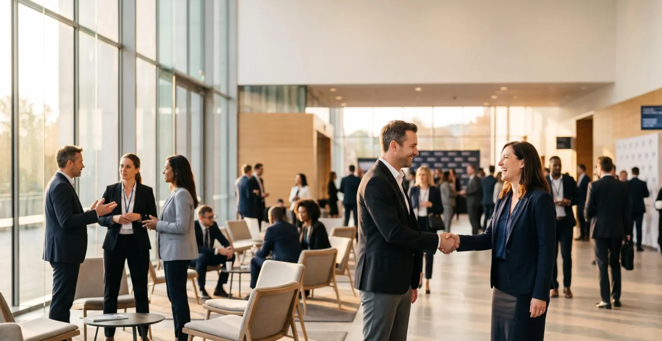 Professionnels echangeant lors d'un evenement B2B, symbolisant la creation d'opportunites commerciales