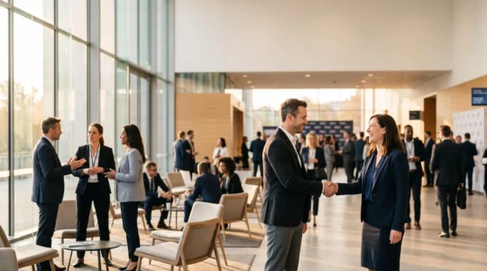Professionnels echangeant lors d'un evenement B2B, symbolisant la creation d'opportunites commerciales