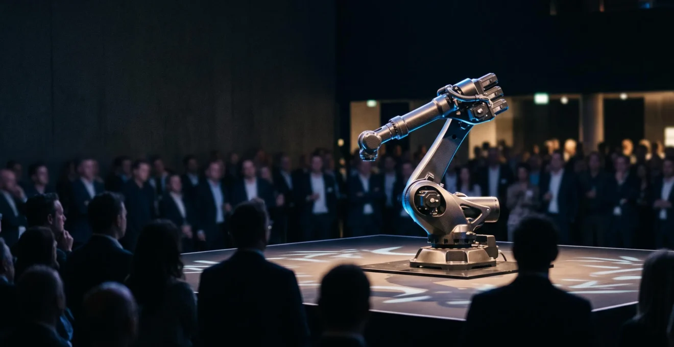 Bras robotique high-tech en pleine performance devant une audience silencieuse et fascinée lors d'une soirée d'entreprise