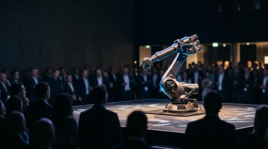 Bras robotique high-tech en pleine performance devant une audience silencieuse et fascinée lors d'une soirée d'entreprise
