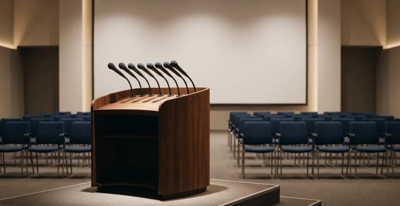Salle de conférence de presse préparée avant l'arrivée des journalistes, avec pupitre et rangée de micros