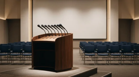 Salle de conférence de presse préparée avant l'arrivée des journalistes, avec pupitre et rangée de micros