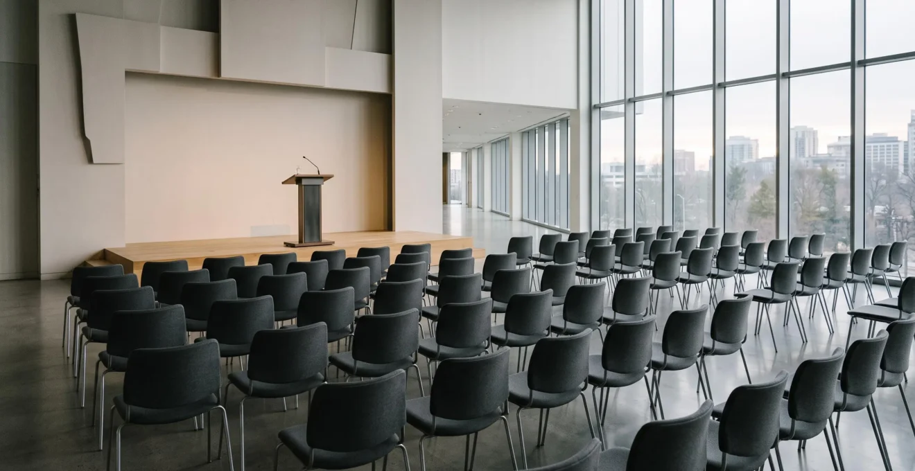 Salle de conférence de presse vide juste avant l'arrivée des journalistes, symbolisant la préparation stratégique de la visibilité médiatique d'un événement
