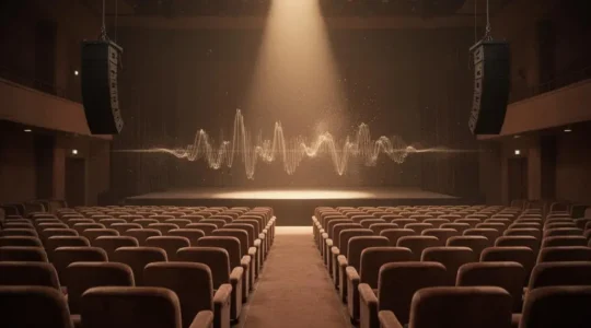 Grande salle de conférence vide avec enceintes suspendues et lumière naturelle, illustrant une sonorisation homogène
