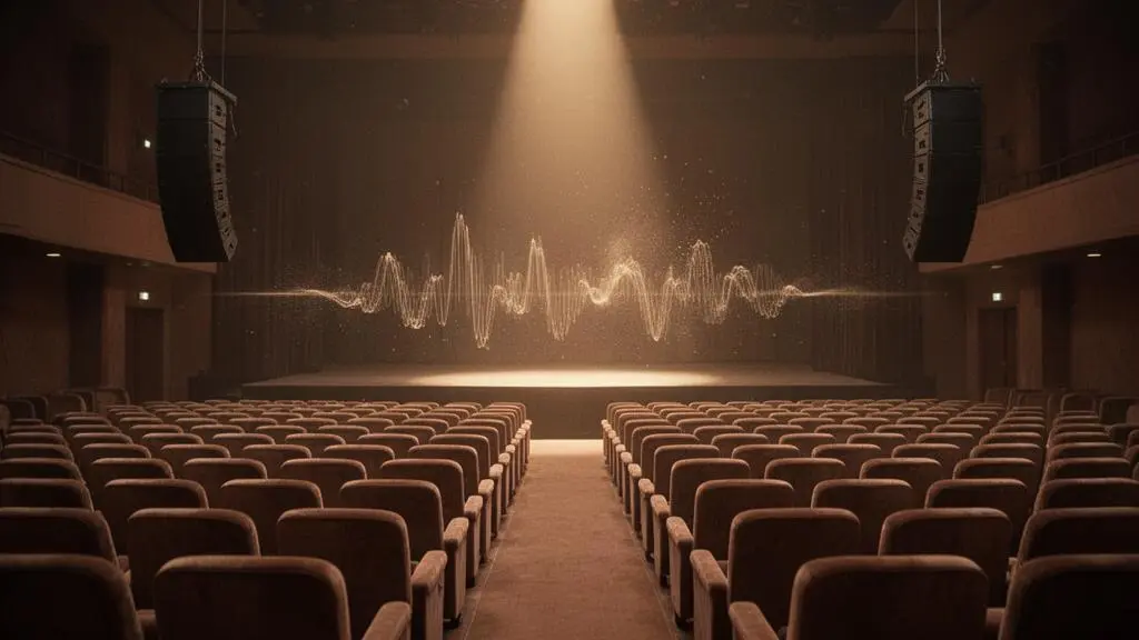 Grande salle de conférence vide avec enceintes suspendues et lumière naturelle, illustrant une sonorisation homogène